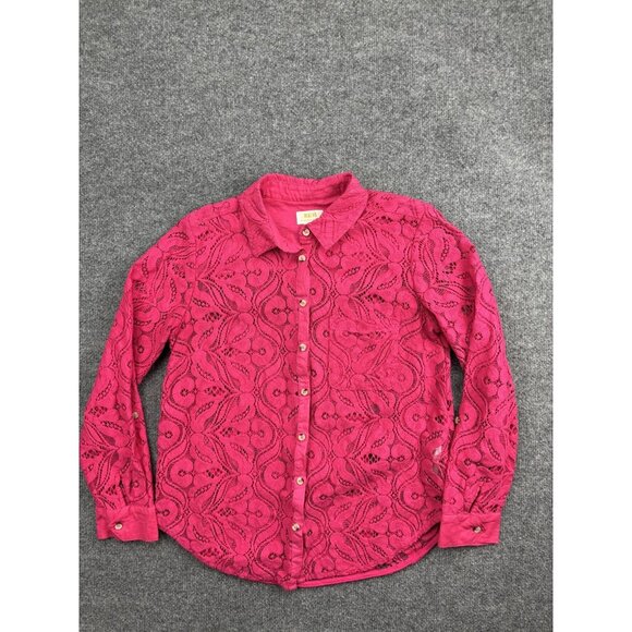 Maeve Anthropologie Shirt Womens 12 Pink Lace Sheer Button Front Long Sleeve - Picture 1 of 6
